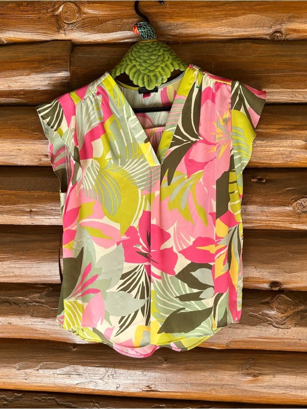 Vince Camuto Pink & Lime Green Tropical V-Neck Camisole